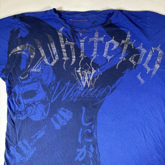 White Tag Shirt Mens Medium Blue Y2K Grunge Cyber Goth Affliction Emo Skater MMA - Picture 5 of 10